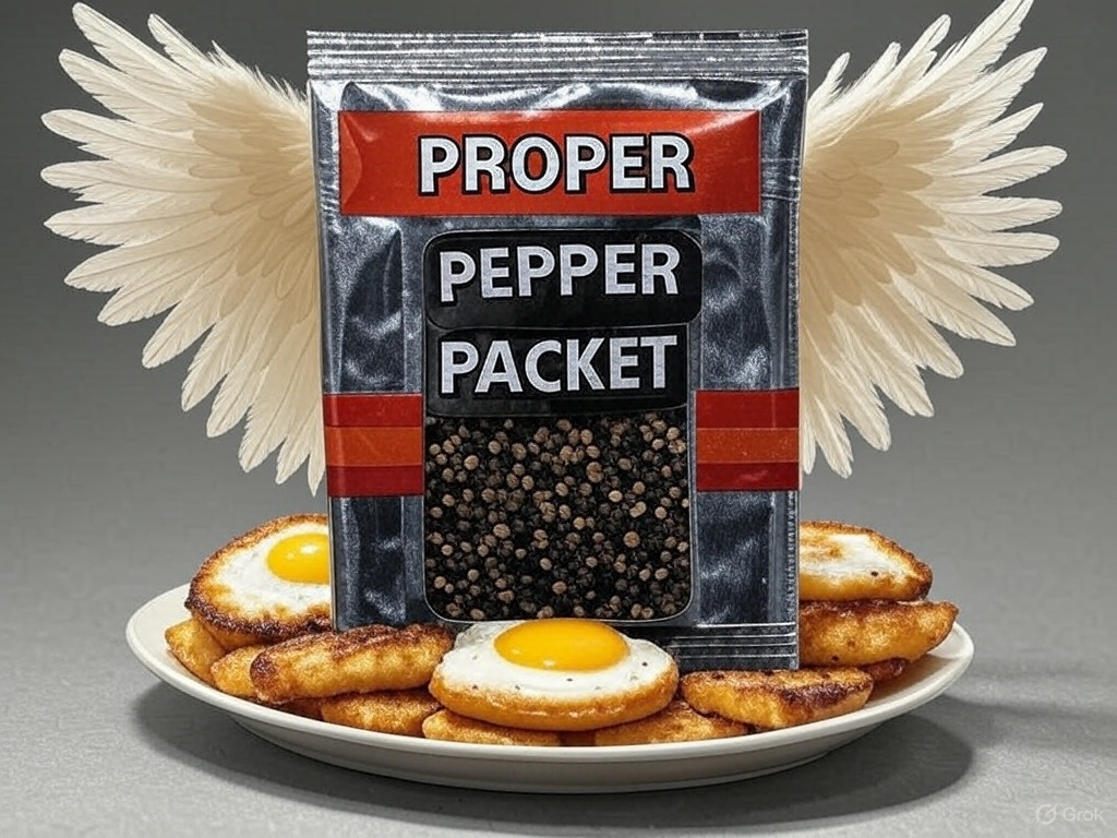 A gloriously oversized Proper Pepper Packet with angel wings seasoning fries